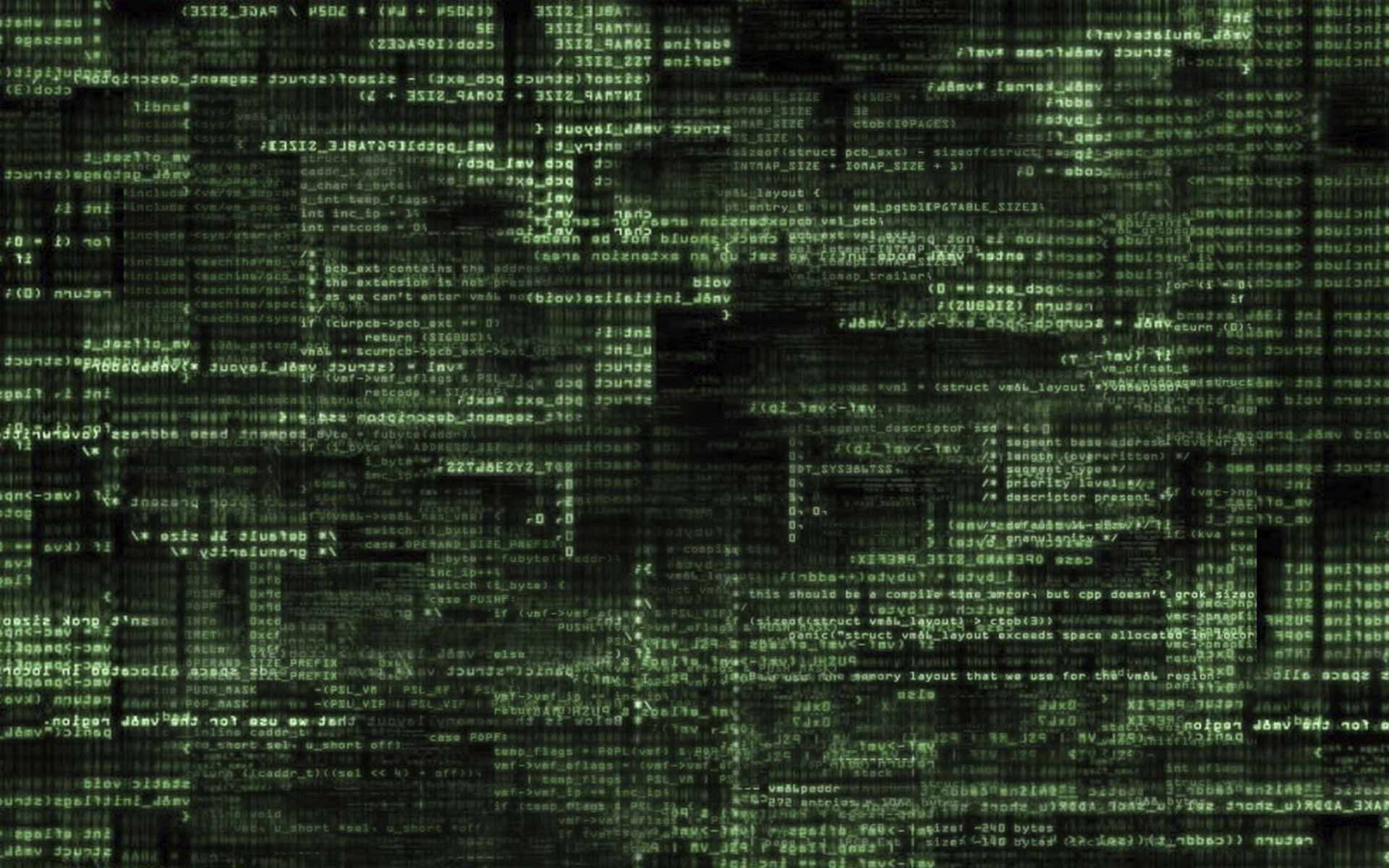 security 桌布 壁紙 — 一個黑暗的螢幕被層疊的綠色電腦代碼淹沒，營造出數位雨效果。