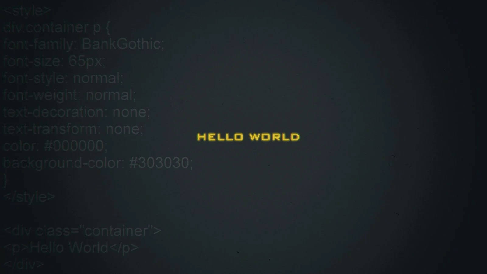 Hello 桌布 壁紙 — 一個黑暗的螢幕顯示發光黃色 'hello world' 文字，居中於微弱的 CSS 程式碼之上，呈現復古數位介面風格。