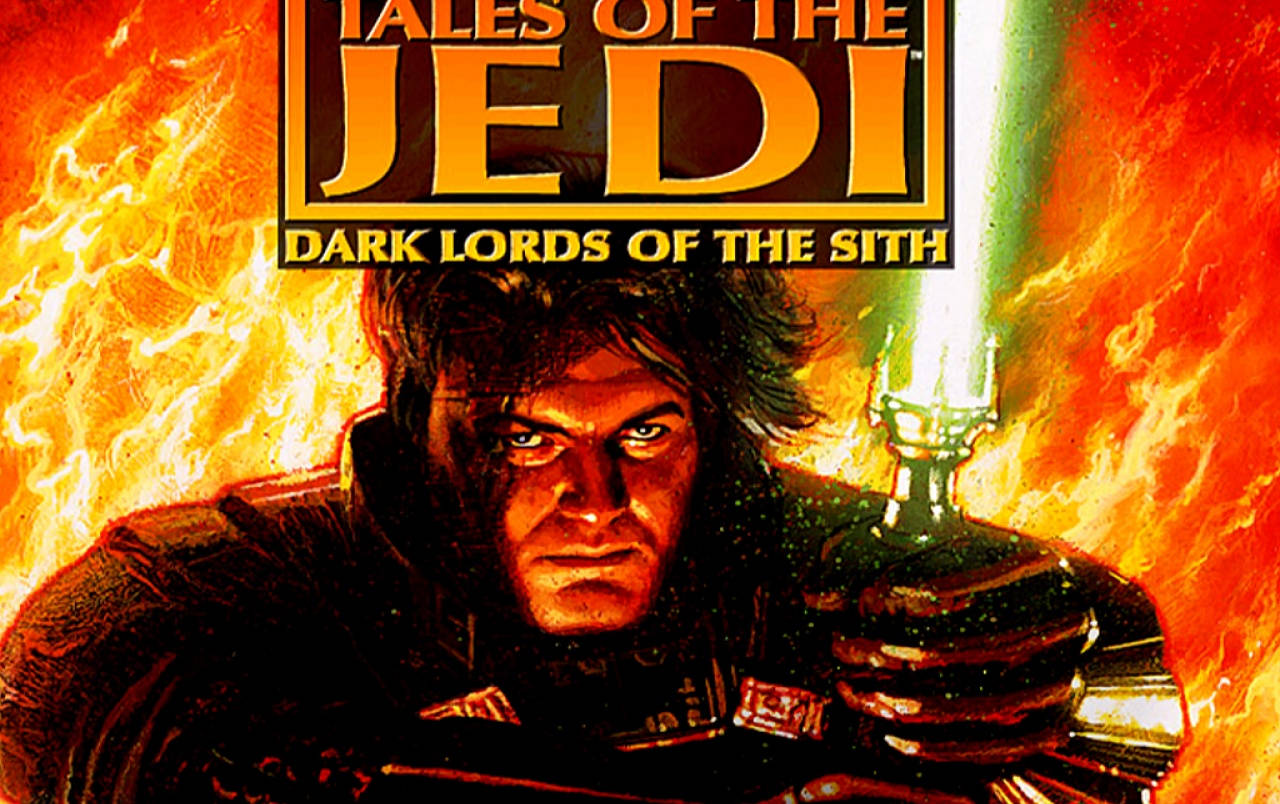 Jedi 桌布 壁紙 — 一個黑暗的西斯戰士在戲劇性的漫畫書封面上，握著綠色光劍，背景是熾熱的橙色。