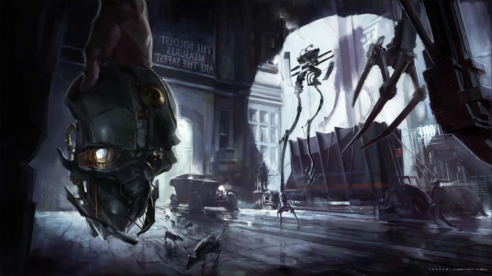 Best Dishonored 2 桌布 壁紙 — 一個黑暗的賽博龐克街景，前景有一個發光眼睛的機械頭部，以及雨中城市小巷中高聳的機械肢體。