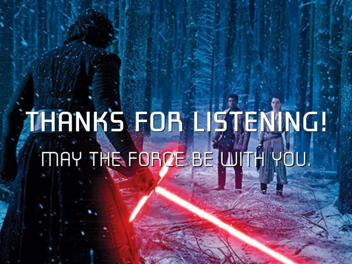 May The Force Be With You 桌布 壁紙 — 一個黑暗的身影手持紅色光劍站在雪地森林中，另外兩人在遠處飄落的雪花下觀望。