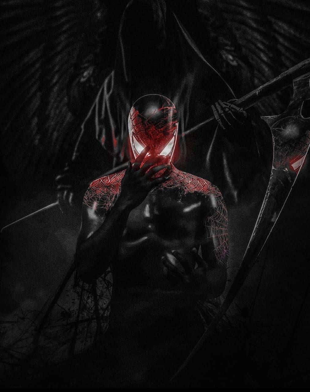 Venomized 桌布 壁紙 — 一個黑暗的身影穿著紅黑共生體套裝，眼睛和翅膀發光，以威脅姿勢拿著鐮刀。