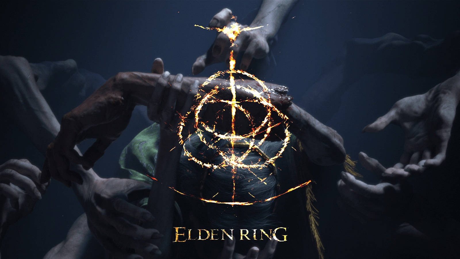game 桌布 壁紙 — 一個黑暗的身影被伸出的手包圍，同時一個發光的金色火環在他們的胸口形成，背景陰暗。