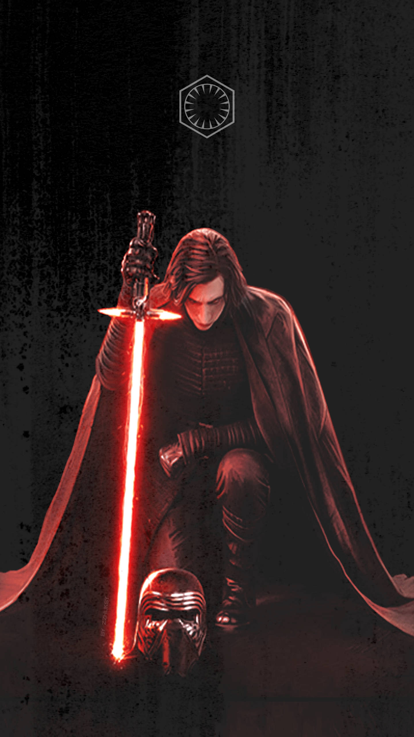 Kylo Ren 桌布 壁紙 — 一個黑暗的身影跪著，手持發光的紅色光劍，腳邊放著頭盔，背景是黑色紋理。