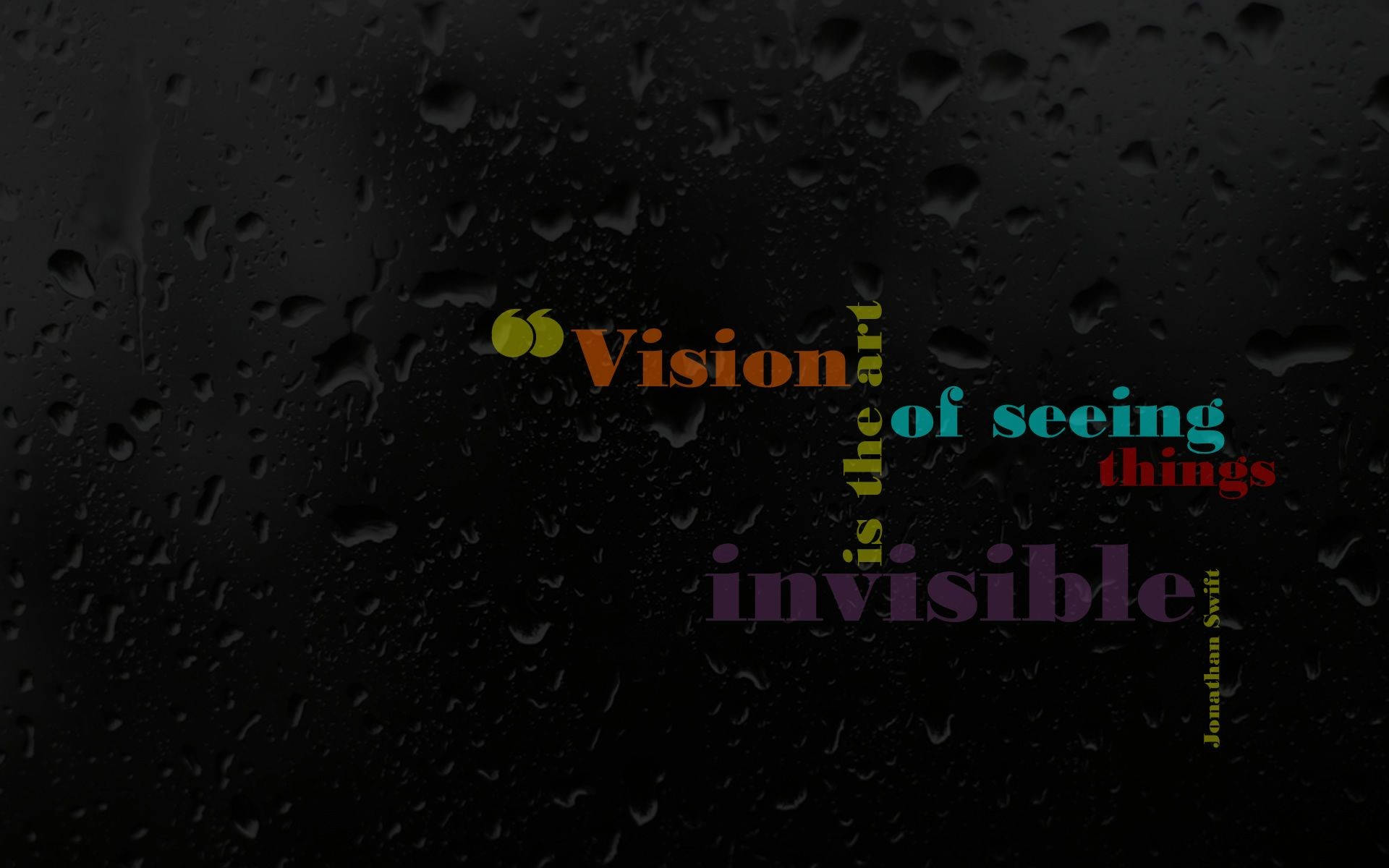 HD inspirational 桌布 壁紙 — 一個黑暗的雨窗，帶有彩色文字引用，願景是喬納森·斯威夫特所說的看見事物的藝術。