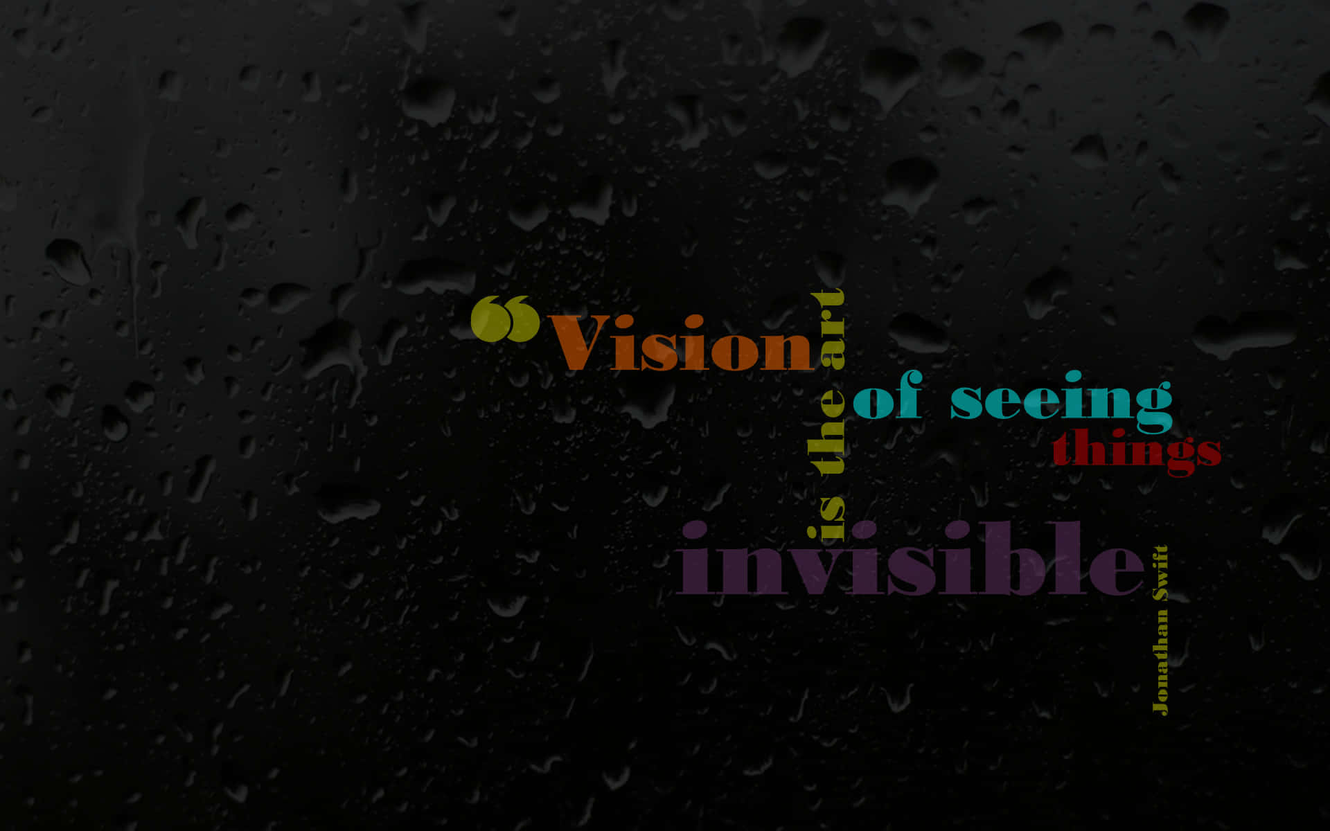 Positive Quotes 桌布 壁紙 — 一個黑暗的雨窗，帶有彩色碎片文字引用，關於視野對抗水滴。