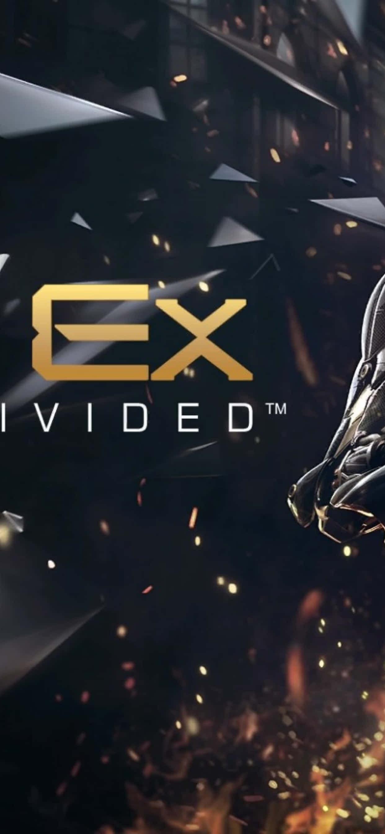 Android Deus Ex Mankind Divided 桌布 壁紙 — 一個黑暗的電影風格遊戲封面，帶有金色 'EXDIVIDED' 文字和機械臂，周圍漂浮碎片和發光的餘燼。