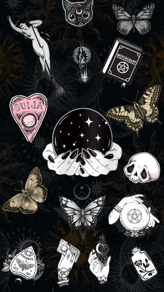 Witchy Phone 桌布 壁紙 — 一個黑暗神秘的拼貼畫，包含神秘符號、蝴蝶和手持水晶球的手，背景為黑色。
