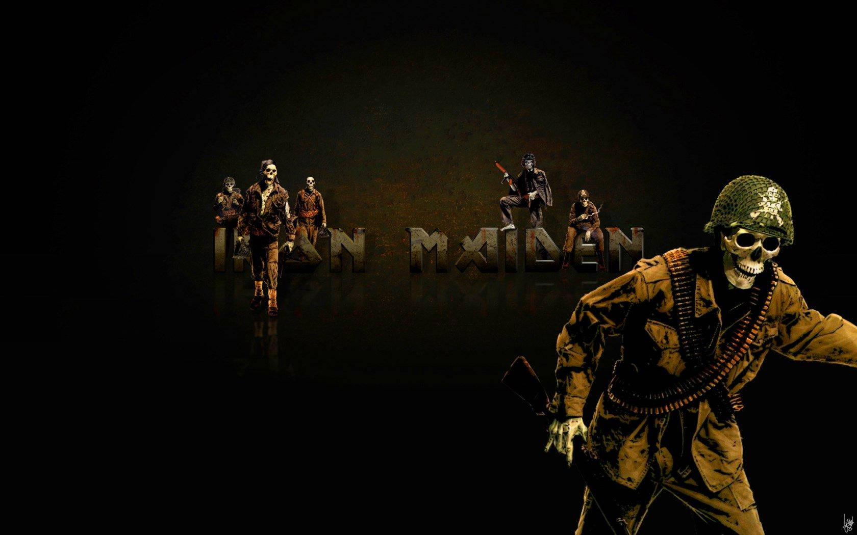 鐵娘子 桌布 壁紙 — 一個黑暗粗糙的桌布，Iron Maiden 樂團成員以骷髏士兵形象穿著軍事裝備，背景為黑色。