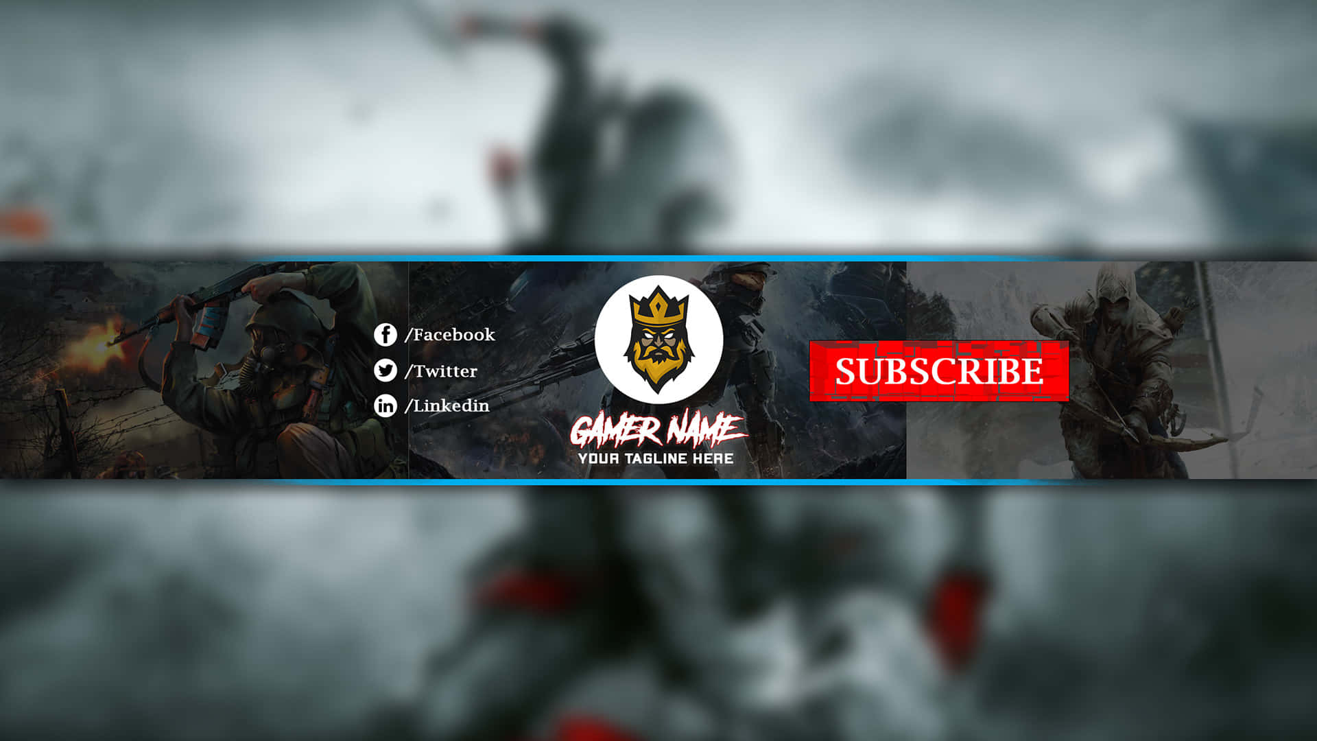 YouTube Banner Gaming 桌布 壁紙 — 一個黑暗粗糙的遊戲橫幅，描繪武裝士兵在戰鬥中，中央有標誌和訂閱按鈕。
