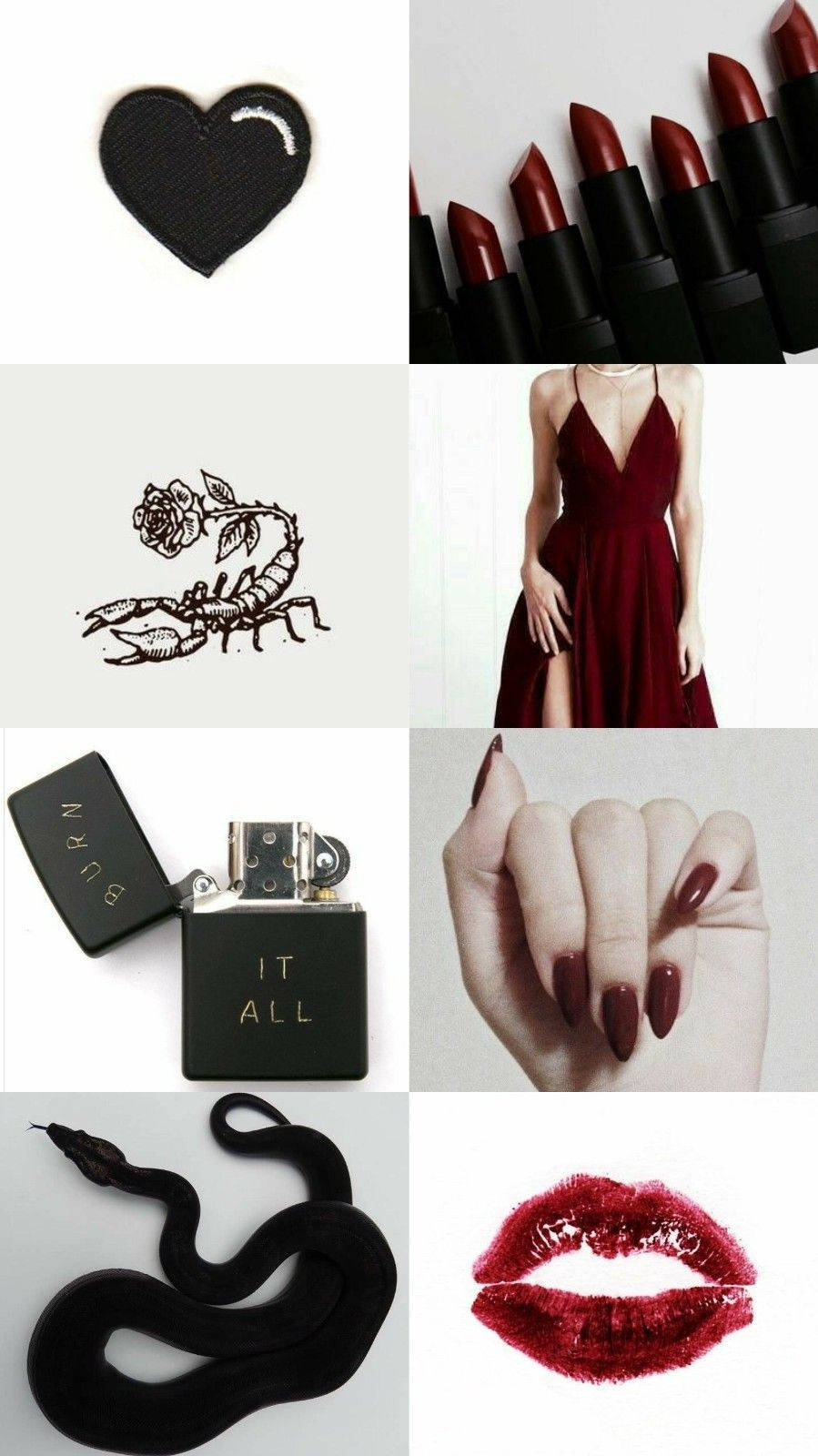 Scorpio 桌布 壁紙 — 一個黑暗美學的拼貼，包括黑色心形貼片、紅色唇膏、穿著紅色連衣裙的女人、蠍子玫瑰紋身、黑色打火機、紅色指甲、黑色蛇和紅色嘴唇。