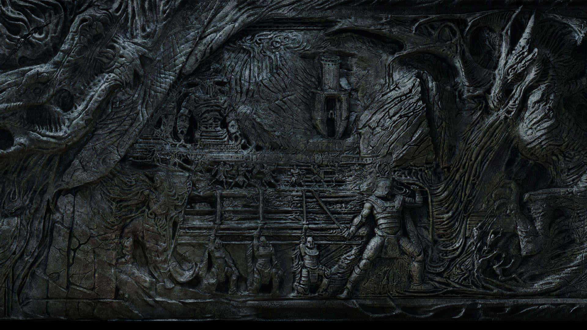 Skyrim Dragonborn 桌布 壁紙 — 一個黑暗而複雜的淺浮雕雕刻，描繪了裝甲戰士在一個不祥的古代廢墟中與怪獸戰鬥。