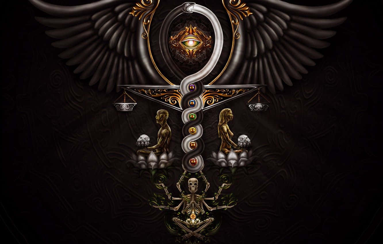 libra 桌布 壁紙 — 一個黑暗華麗的安卡，帶有翅膀和脈輪符號，兩側是冥想人物和頭骨，背景是旋轉的黑色。