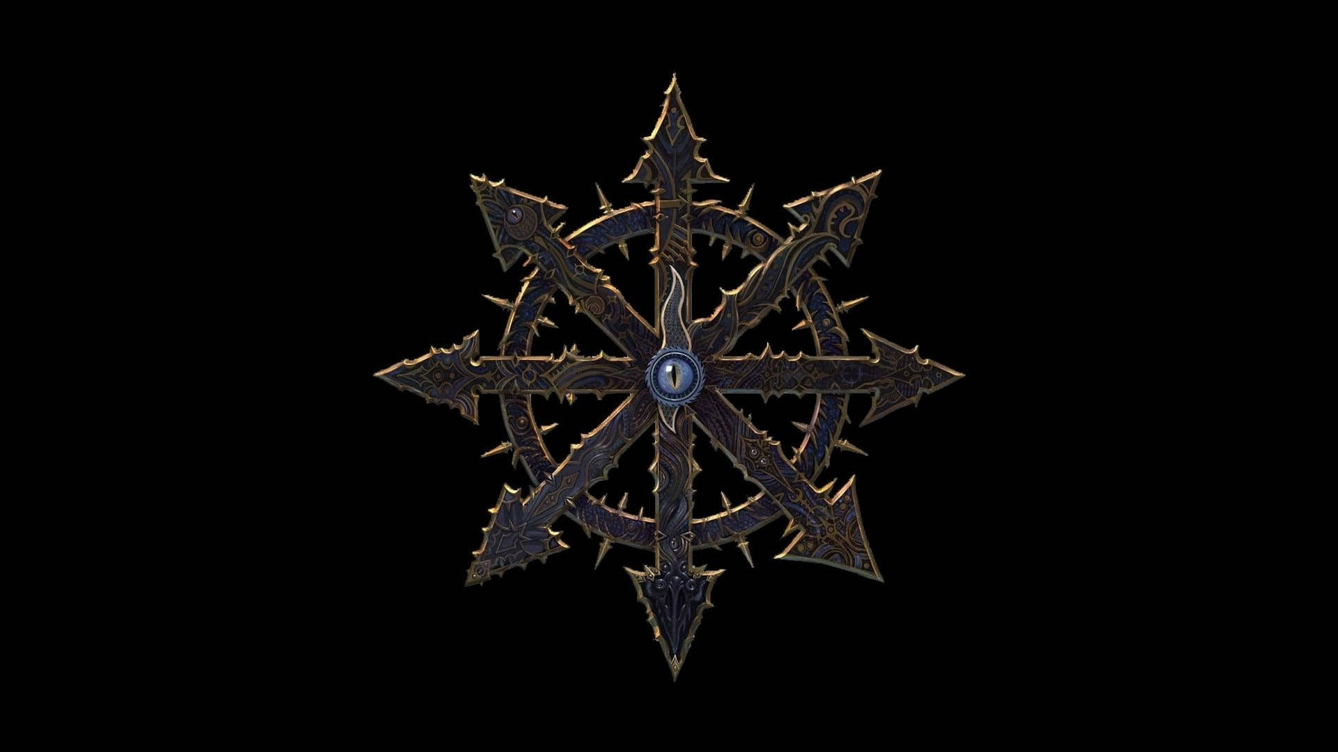 Gaming Logos 桌布 壁紙 — 一個黑暗華麗的星形徽章，帶有尖刺臂和中央眼睛，在黑色背景上發光。