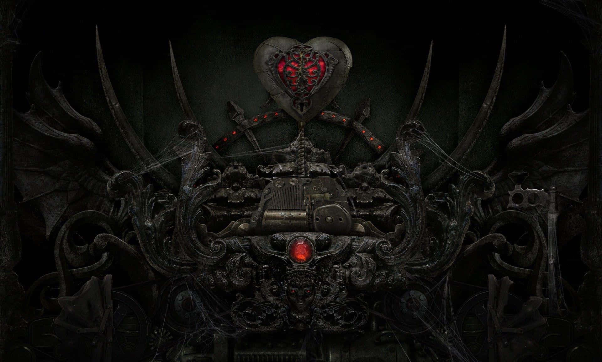 Dark Love 桌布 壁紙 — 一個黑暗華麗的王座，帶有發光的紅色心臟和翅膀，周圍環繞著武器和機械細節。