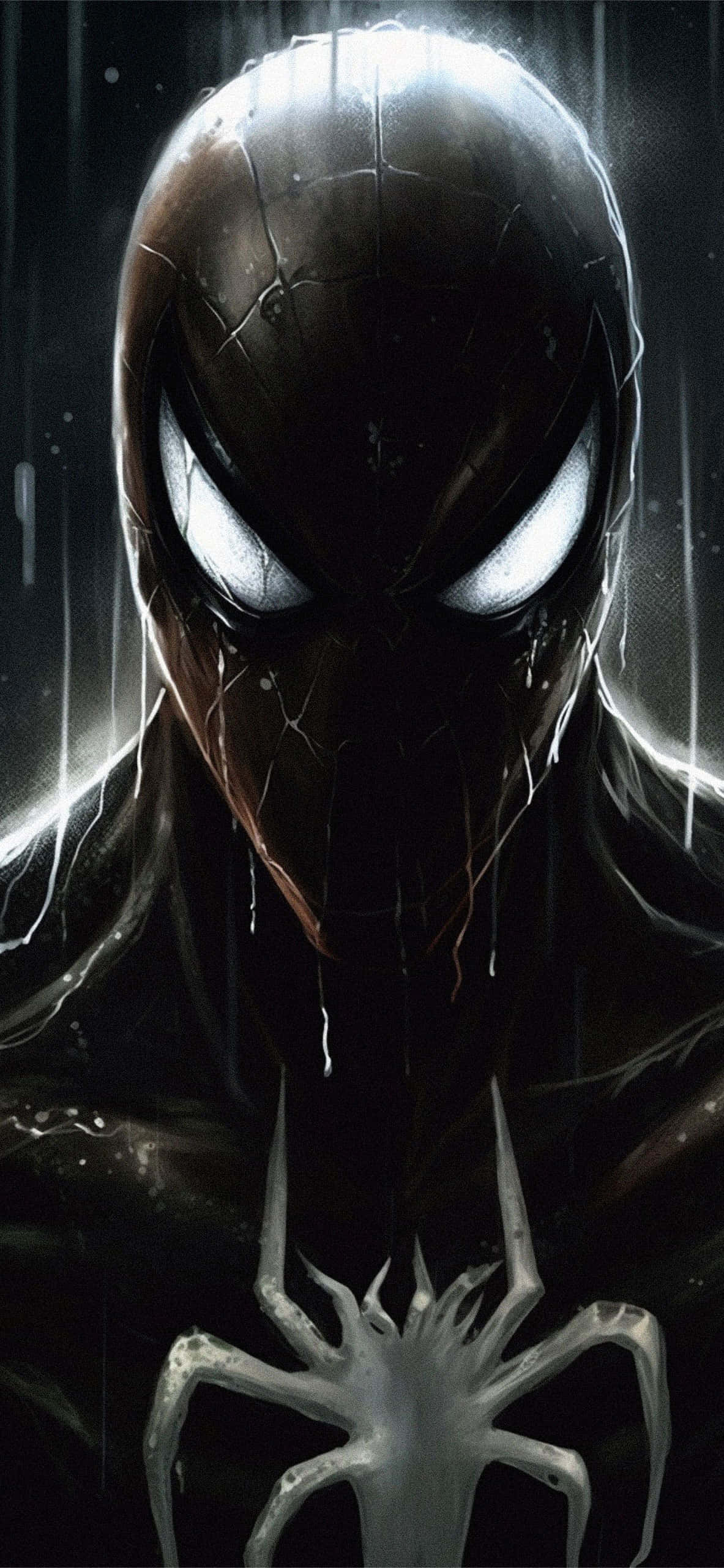 Symbiote 桌布 壁紙 — 一個黑暗蜘蛛人，面具破裂，眼睛發光，站在雨中，水滴沿著他的臉和戰衣流下。
