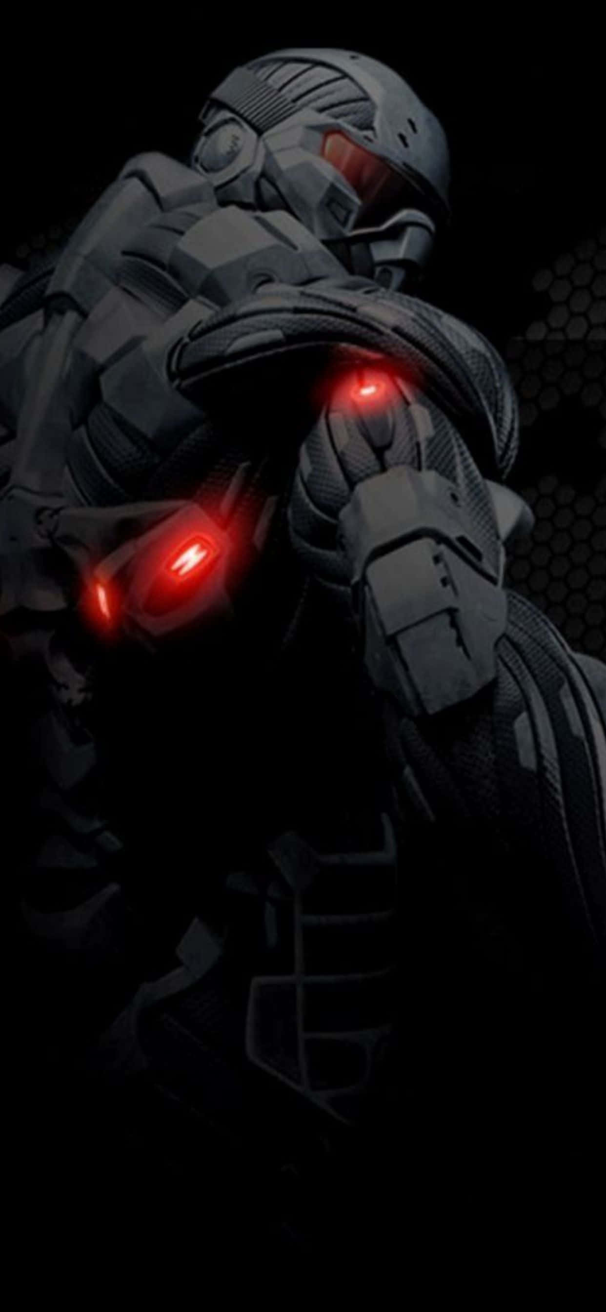 iPhone Xs Max Crysis Warhead 桌布 壁紙 — 一個黑暗裝甲人物，擁有發光的紅色眼睛和肩燈，站在陰影輪廓中。