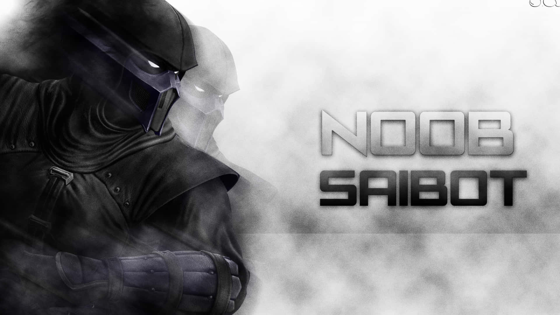 Mortal Kombat Noob Saibot 桌布 壁紙 — 一個黑暗裝甲人物，眼睛發光，站在霧中，旁邊是粗體文字 'NOOB SAIBOT'，風格為粗糙的數位藝術。