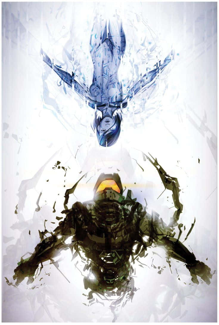 Halo Cortana 桌布 壁紙 — 一個黑暗裝甲人物在明亮的白色背景上面對一個破碎的藍色水晶實體。