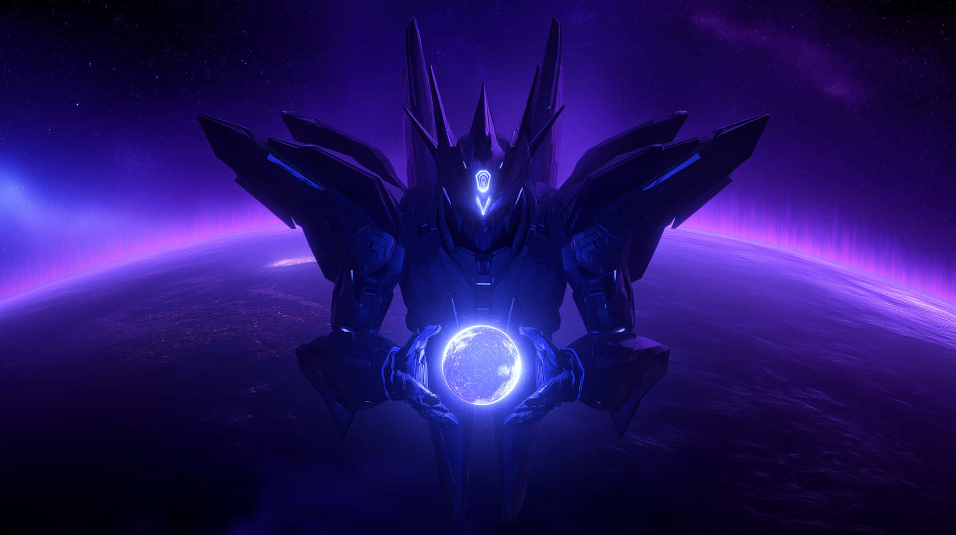 Imposing Mecha Holding Luminous Orb Over Distant Planet 壁紙 — 一個黑暗裝甲機器人，擁有發光的藍色眼睛和胸部，在紫色極光天空下，於一顆行星上方手持一個發光的藍色球體。