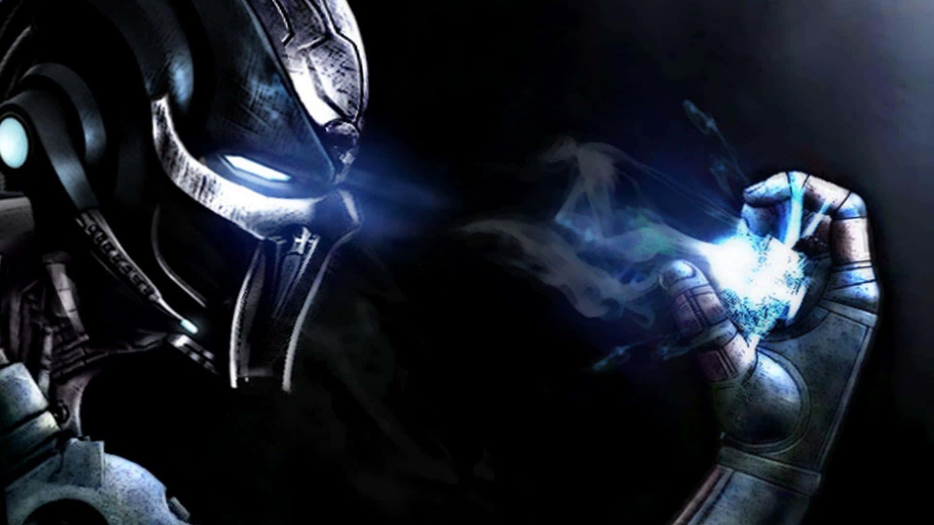 Mortal Kombat Triborg 桌布 壁紙 — 一個黑暗裝甲的人物，眼睛發光，一隻手在黑色背景前發出藍色能量。