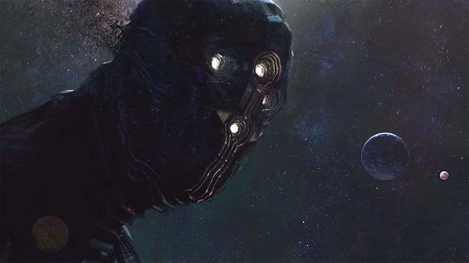 Celestials 桌布 壁紙 — 一個黑暗裝甲的人物，眼睛發光，在繁星點點的宇宙背景中，帶著遙遠的行星，莊嚴地凝視著。
