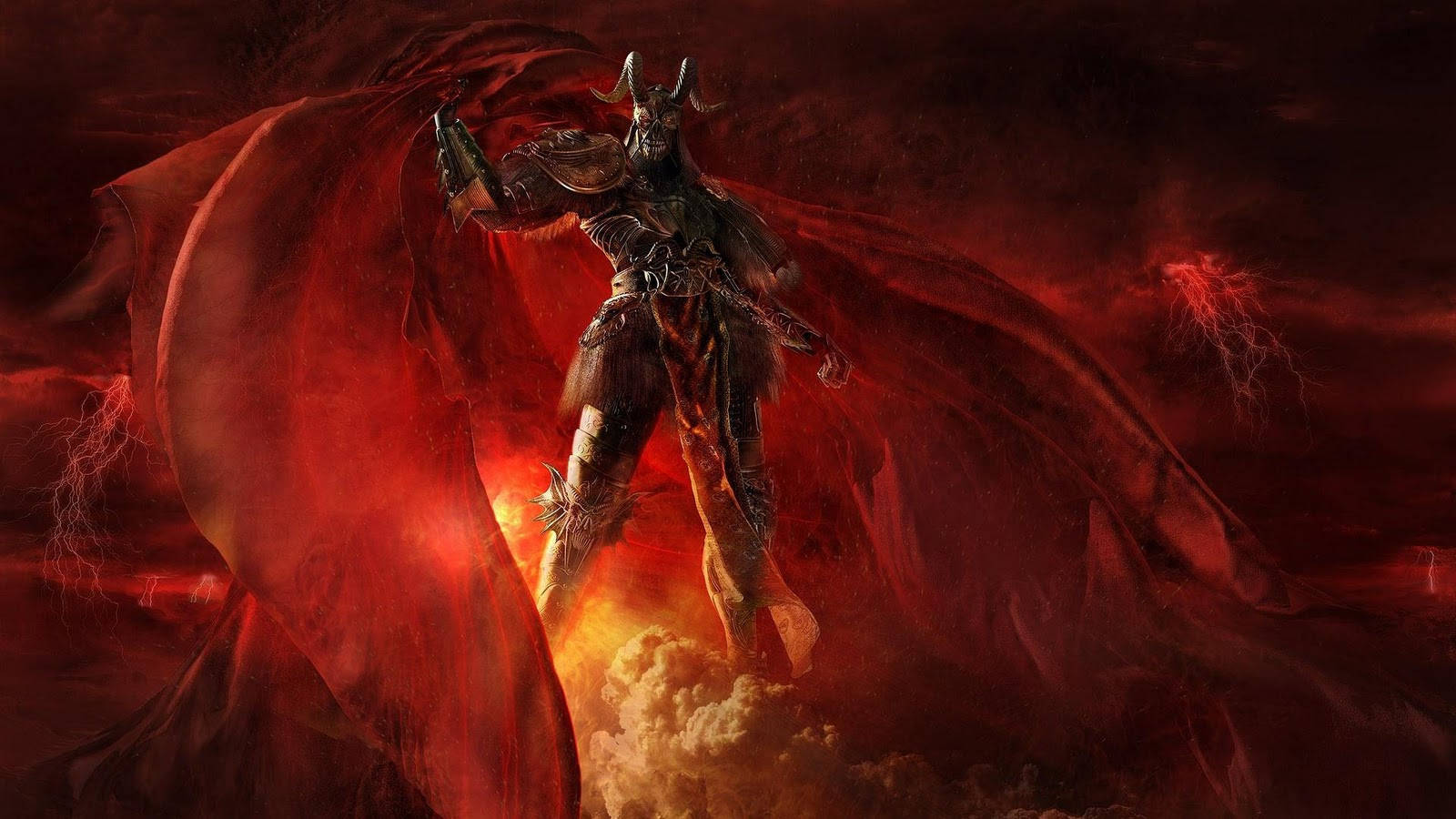 酷炫惡魔 桌布 壁紙 — 一個黑暗裝甲的惡魔，有角和飄逸的紅色斗篷，站在雲端上，在火紅閃電中，地獄般的紅色天空。