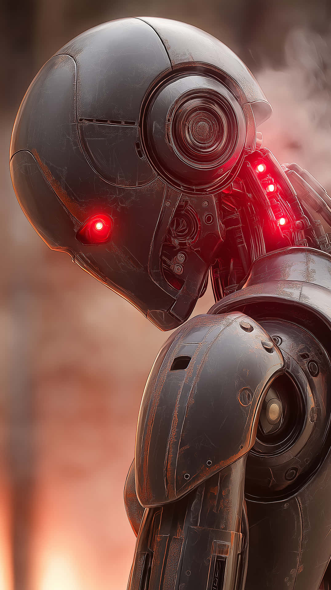 Futuristic humanoid robot 壁紙 — 一個黑暗金屬機器人的特寫，擁有發光的紅色眼睛和暴露的電路，背景是煙霧般的橙色。