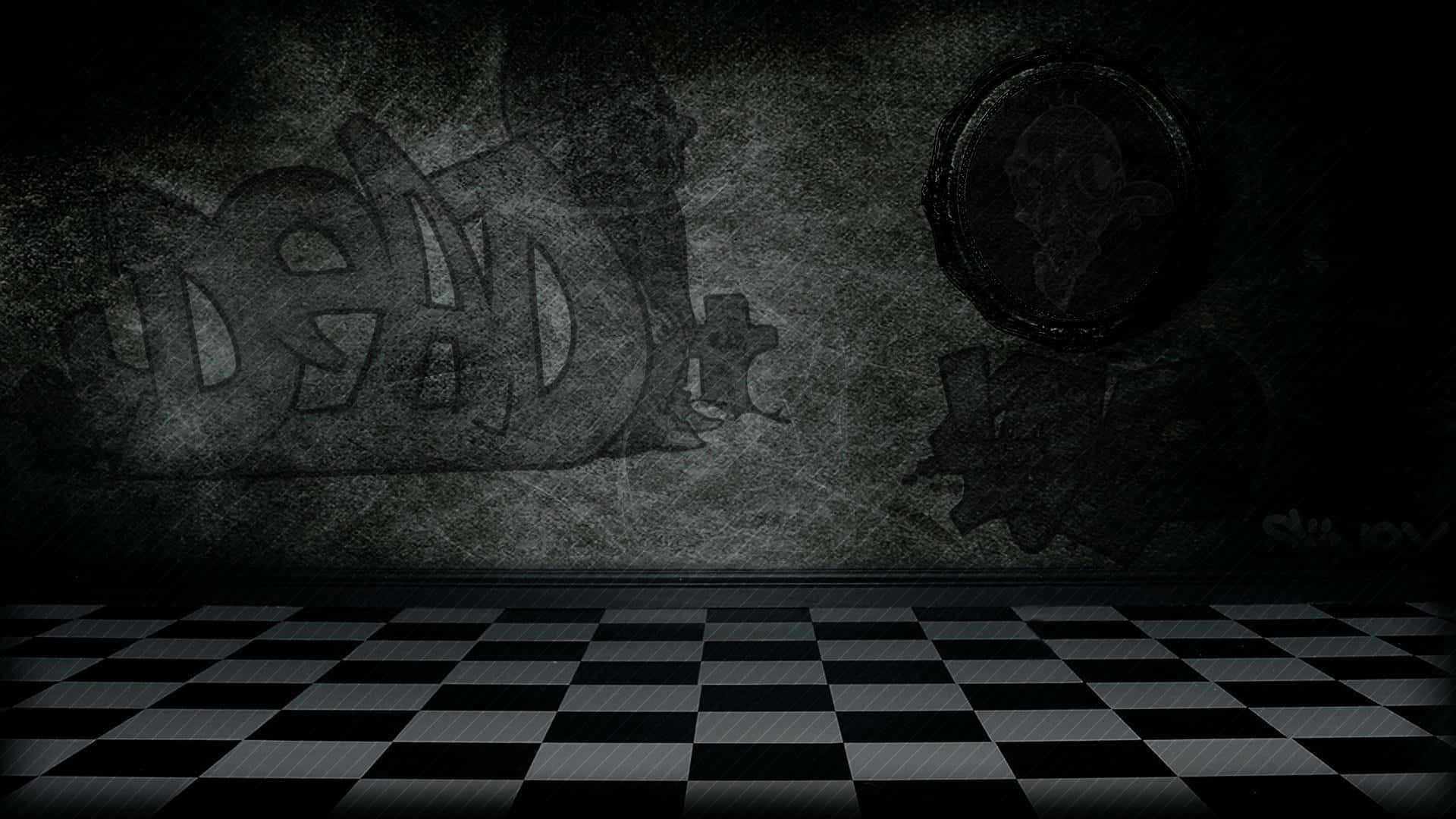 Black And White Graffiti 桌布 壁紙 — 一個黑暗陰森的房間，地板是棋盤格，牆上佈滿塗鴉，有一個幽靈般的肖像和「dead」這個詞。
