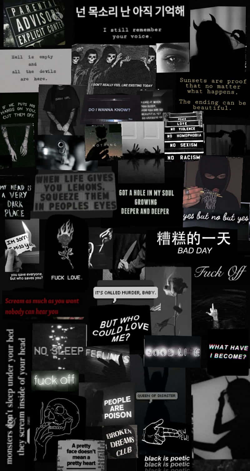 Goth Aesthetic Black 桌布 壁紙 — 一個黑暗陰鬱的拼貼畫，由黑白文字迷因和語錄組成，表達焦慮、絕望和反叛。