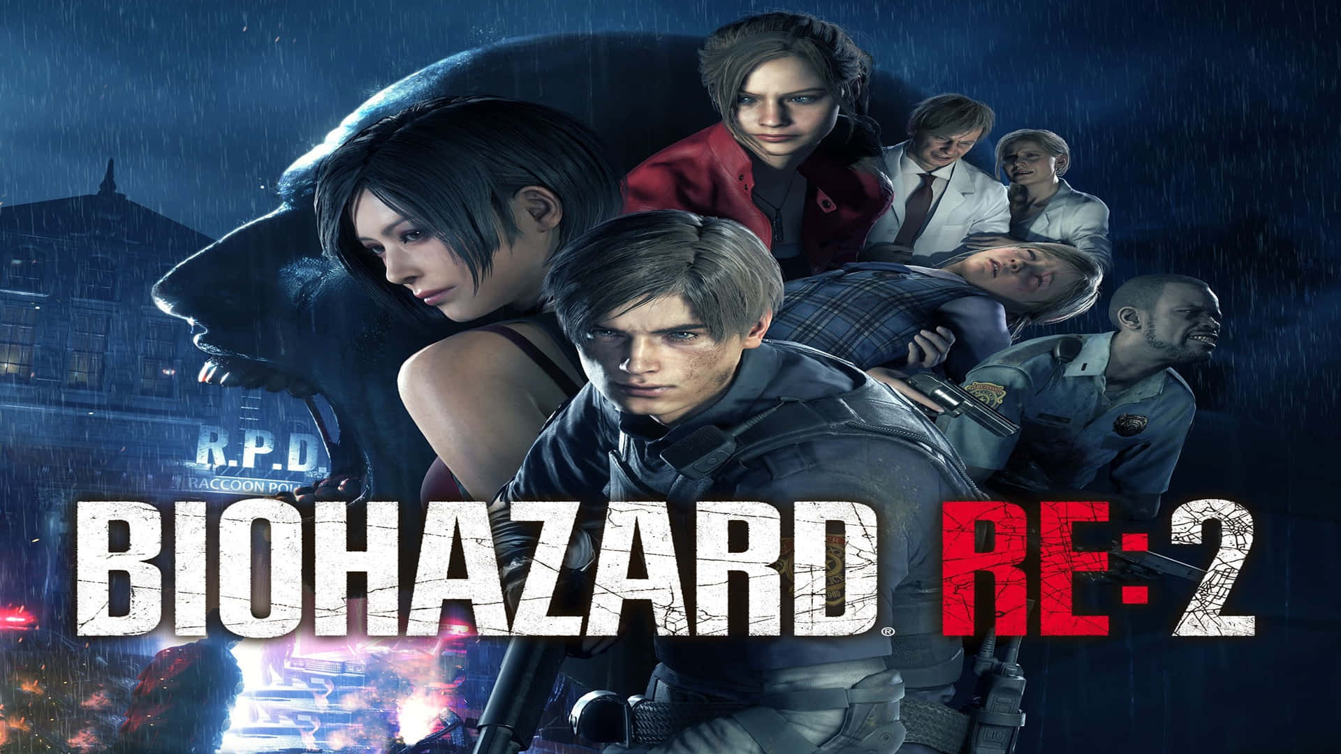 1920x1080 Resident Evil 2 桌布 壁紙 — 一個黑暗雨夜場景， featuring Biohazard RE2 的主要角色，帶有迫近的熊剪影和燃燒的城市背景。