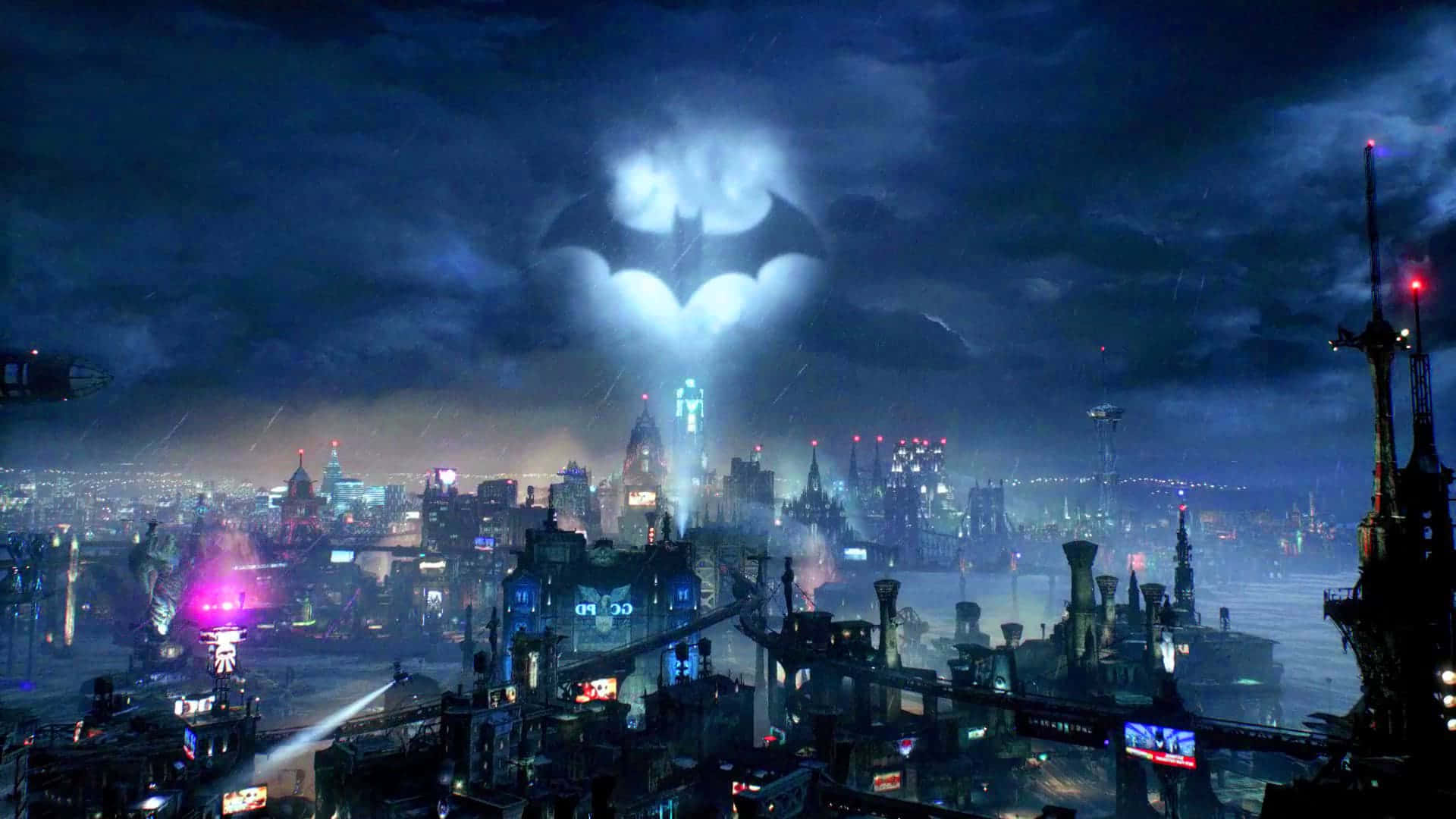 Gotham City 桌布 壁紙 — 一個黑暗雨夜的都市景觀，暴風雲中有一個發光的蝙蝠標誌，下方是高聳的霓虹燈建築。