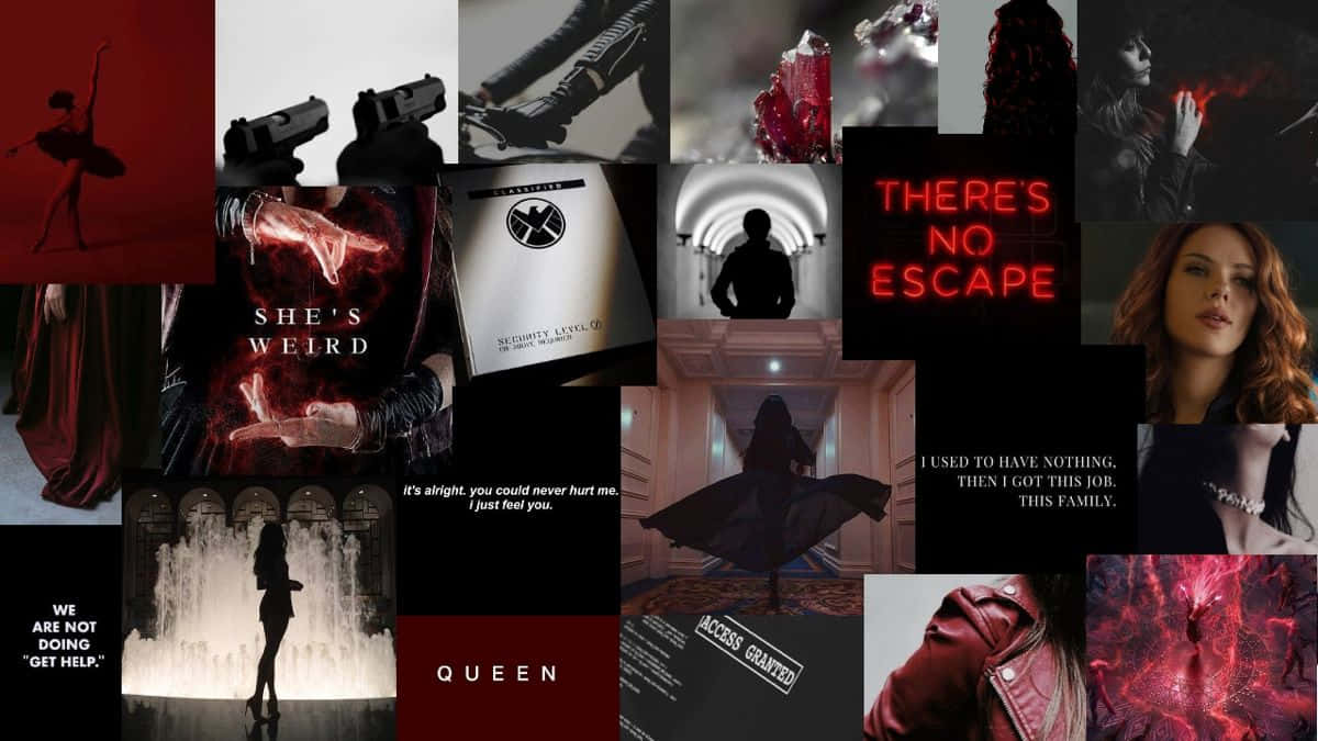 Marvel Aesthetic Laptop 桌布 壁紙 — 一個黑暗電影風格的拼貼畫，包含芭蕾舞者、槍支、走廊中的剪影，以及來自神秘女子的發光紅色文字引述。