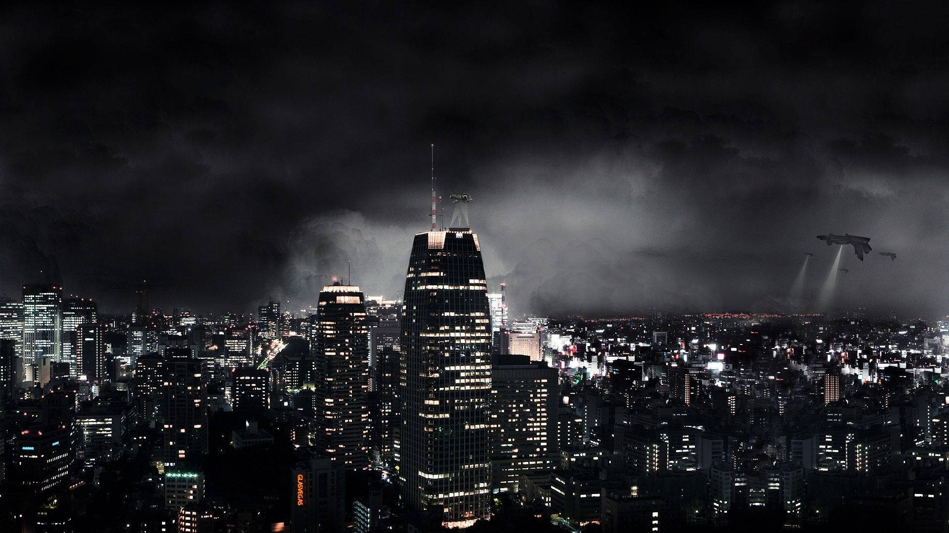 夜景城市 桌布 壁紙 — 一個黑暗風暴的夜晚，發光的未來城市景觀上空，飛行車輛照亮雲層。