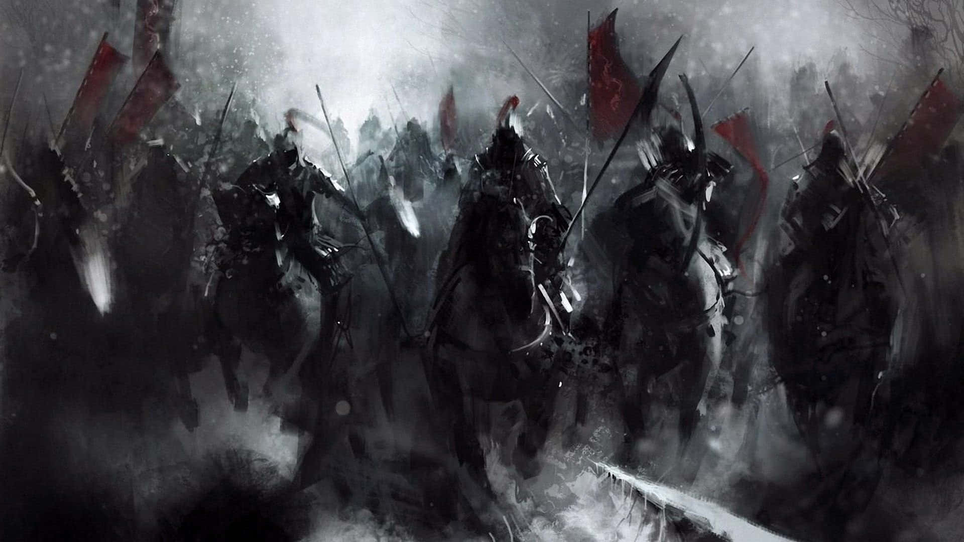 武士動畫 桌布 壁紙 — 一個黑暗風暴的戰場，身穿鎧甲的騎士騎馬在紅旗之下，於迷霧混亂的場景中向前衝鋒。