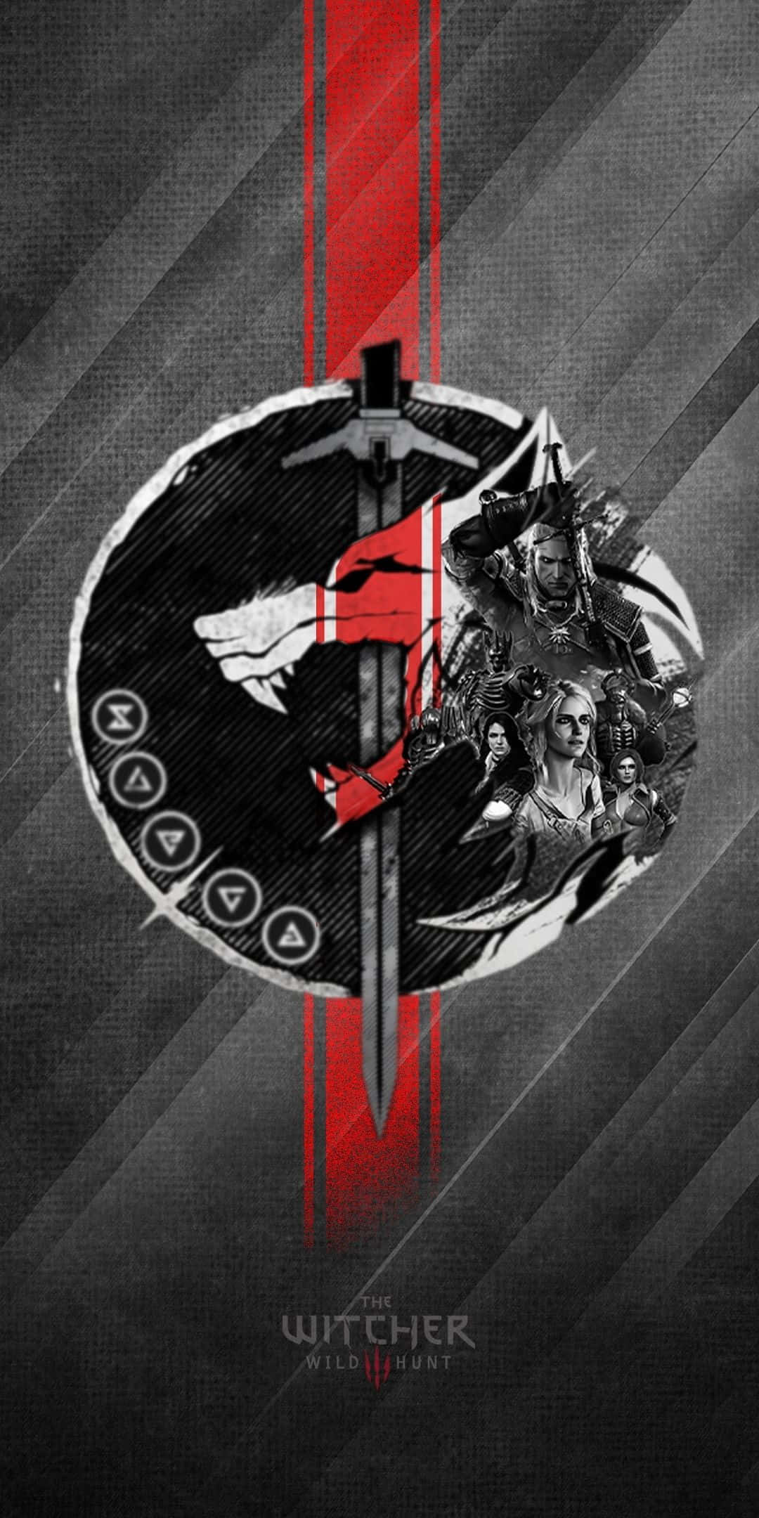 Pixel 3 The Witcher 3 桌布 壁紙 — 一個黑暗風格化的《巫師：狂獵》標誌，一把劍刺穿狼頭，周圍有角色，背景為灰色斜紋。