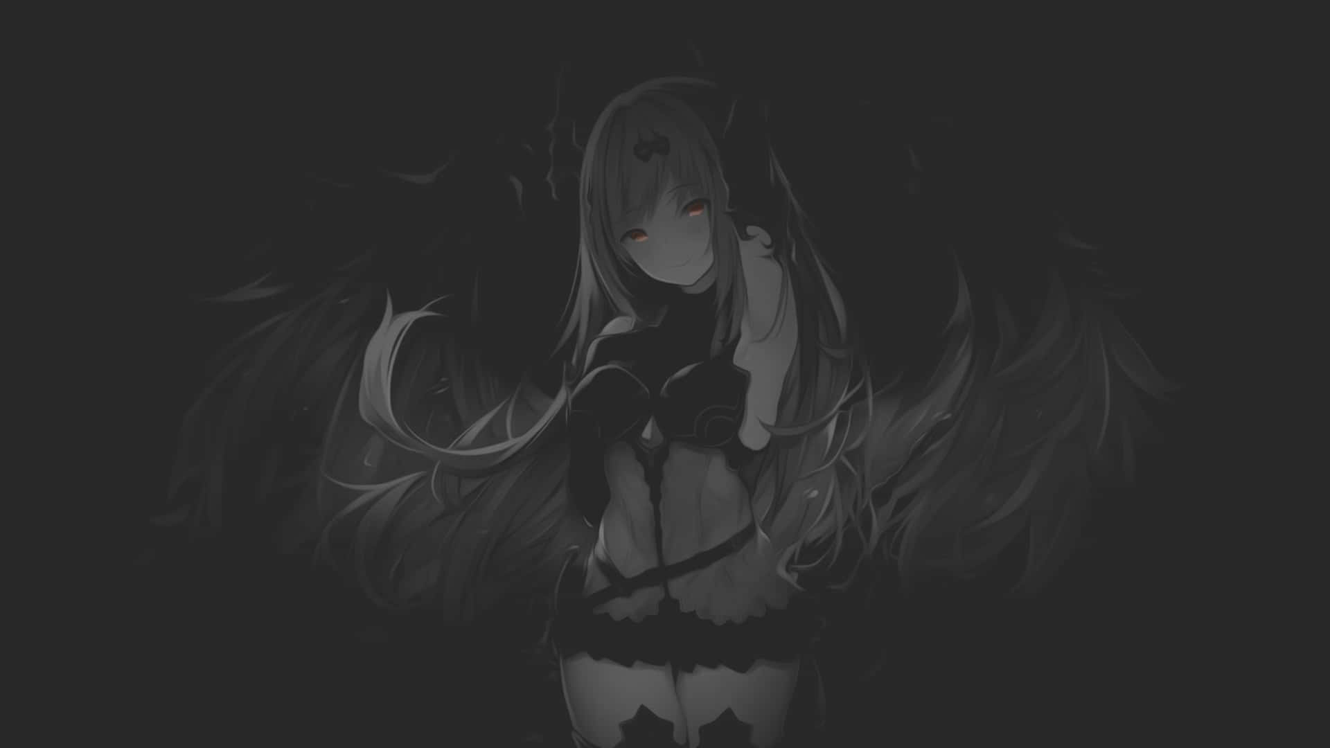 黑色動畫gif 桌布 壁紙 — 一個黑暗風格的動漫女孩，擁有發光的紅色眼睛和巨大的黑色翅膀，站在陰影單色中。