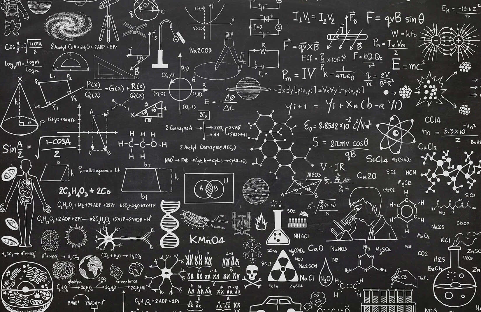 Chalkboard 桌布 壁紙 — 一個黑板，上面充滿了用白色粉筆寫的複雜科學公式、圖表和符號，涵蓋物理、化學、生物和數學。