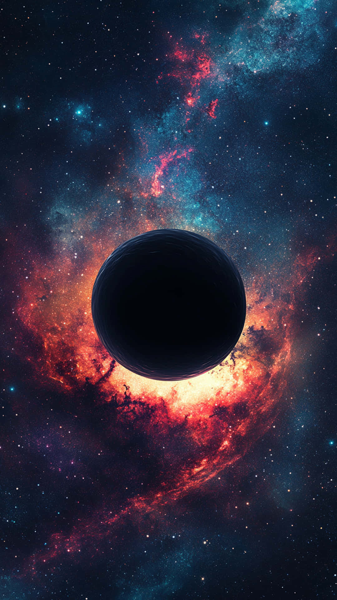 Galaxy with night sky background 壁紙 — 一個黑洞主導著充滿活力的宇宙場景，有旋轉的紅橙色和青綠色星雲以及散落的星星。