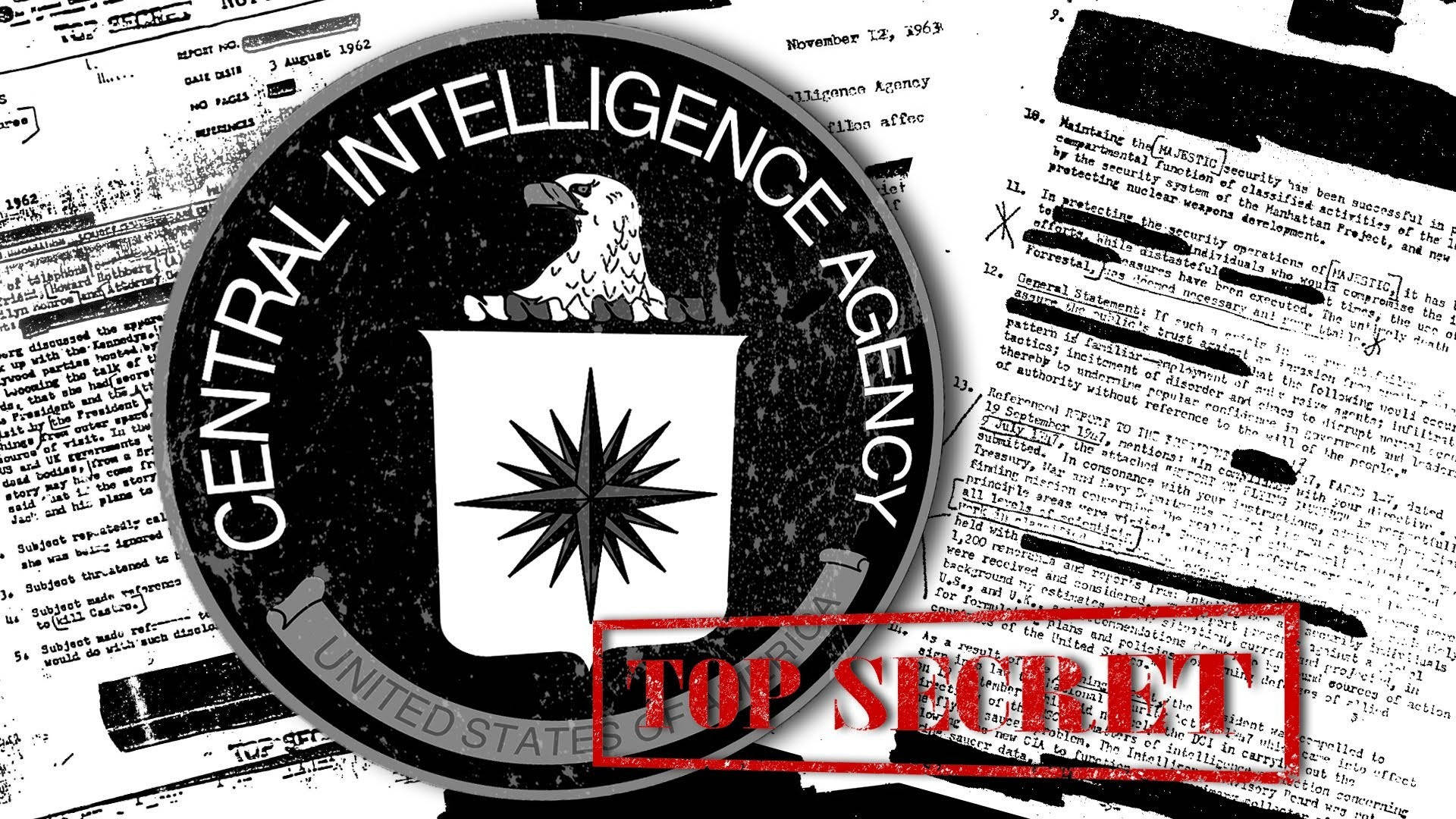 Cia 桌布 壁紙 — 一個黑白CIA標誌覆蓋在經過編輯的機密文件上，並帶有「TOP SECRET」印章。