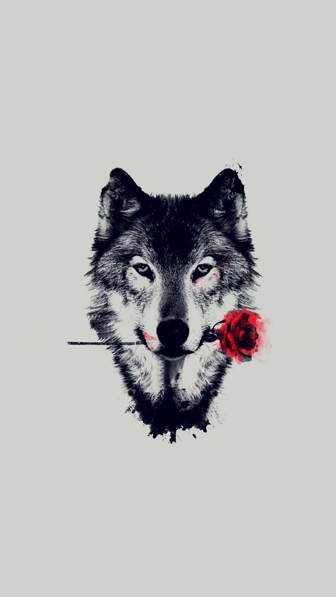 Alpha Wolf 桌布 壁紙 — 一個黑白分明的狼頭，在淺灰色背景上咬著一朵鮮紅色的玫瑰。