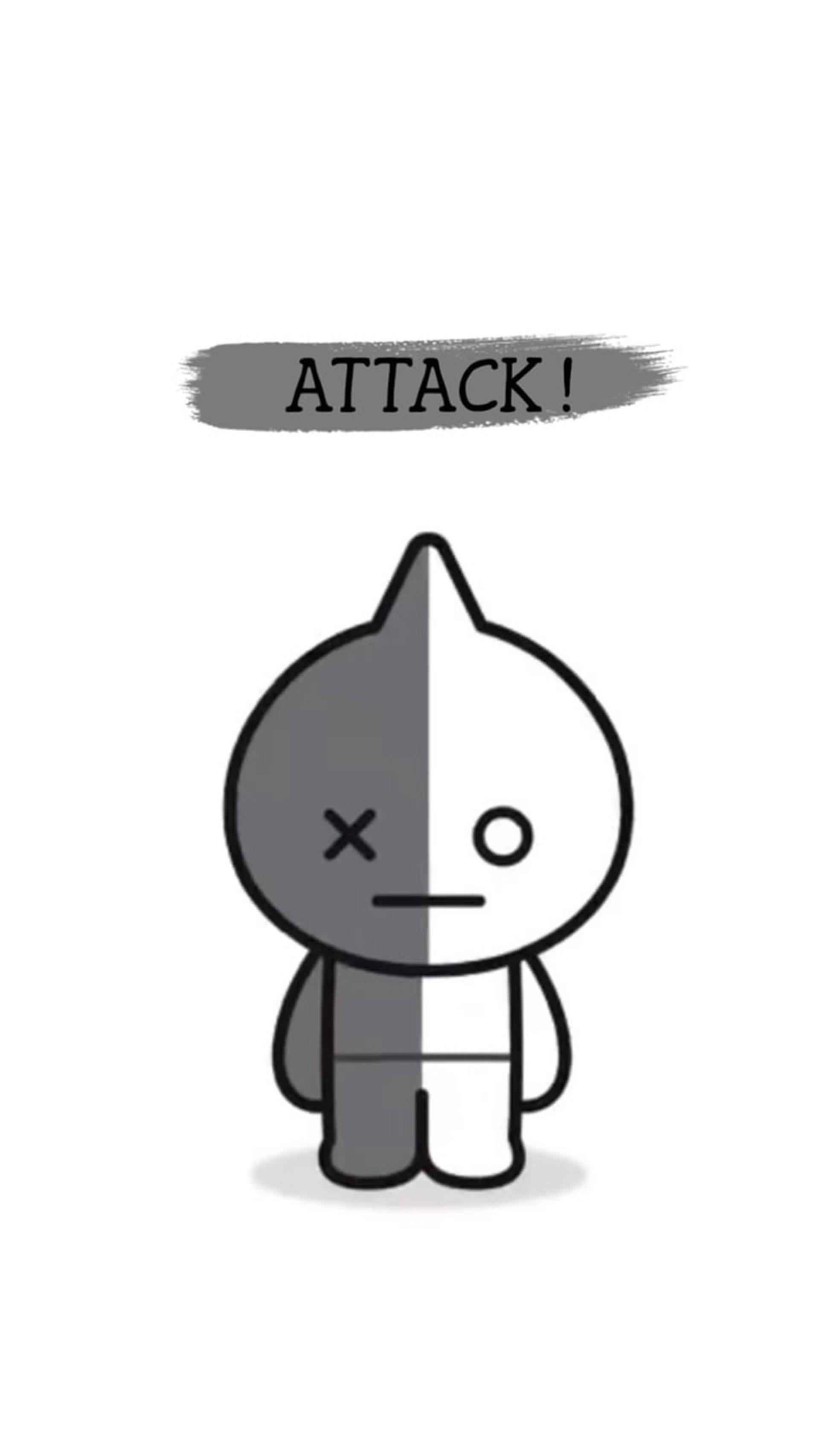 van bt21 桌布 壁紙 — 一個黑白分開的卡通角色，有一隻眼睛交叉，上面有ATTACK這個詞。