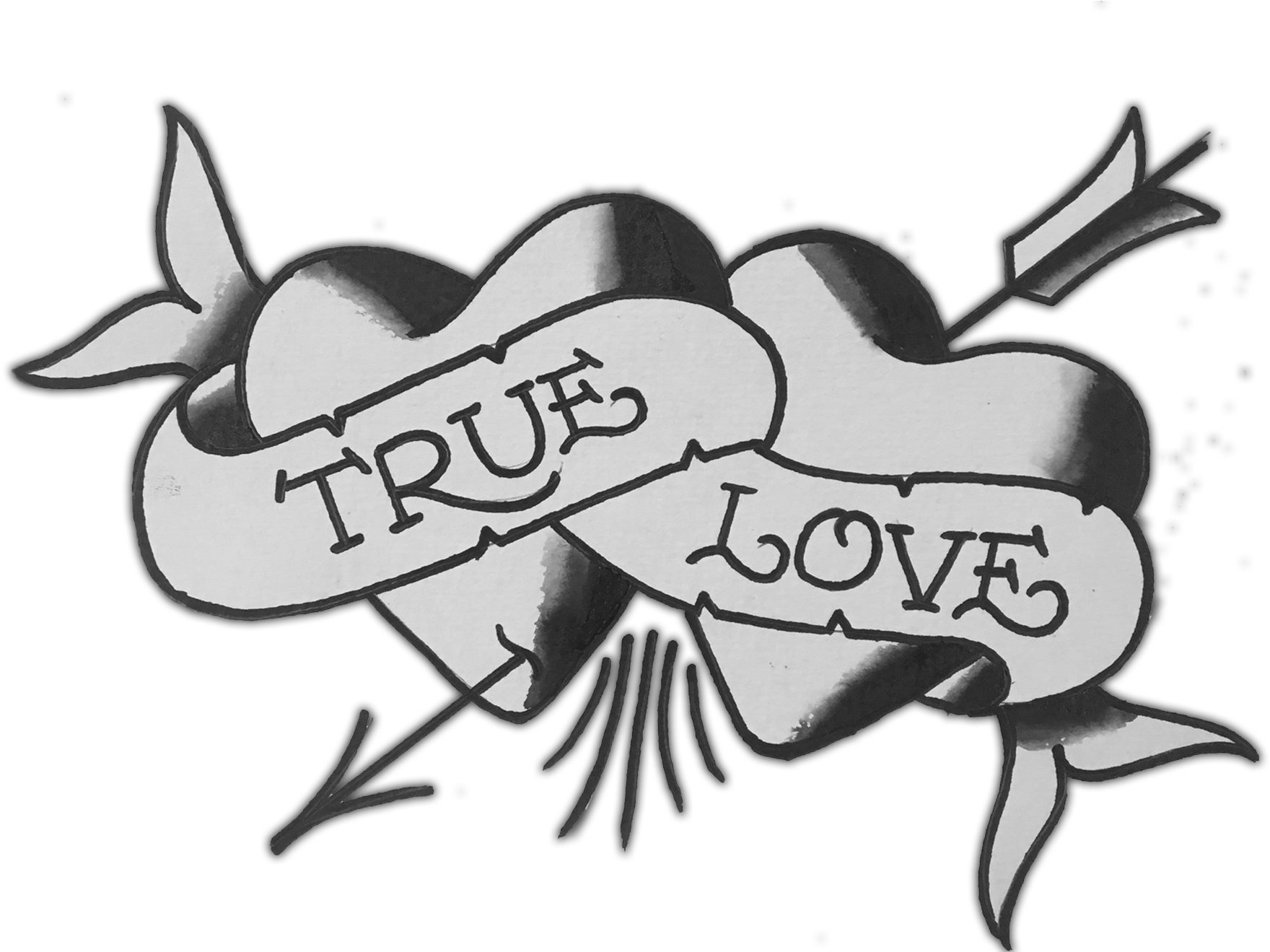 Love Black And White 桌布 壁紙 — 一個黑白刺青風格插圖，描繪一顆被箭射穿的心，附有一條寫著 true love 的橫幅。