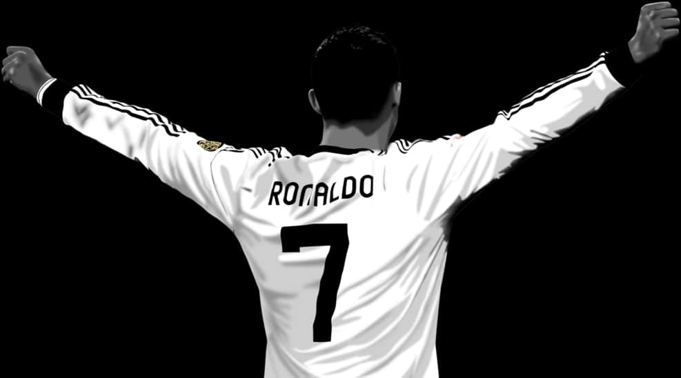 Ronaldo 桌布 壁紙 — 一個黑白剪影，一名足球員身穿白色球衣，背面有「RONALDO」和號碼「7」，雙臂高舉勝利姿態，背景深色。