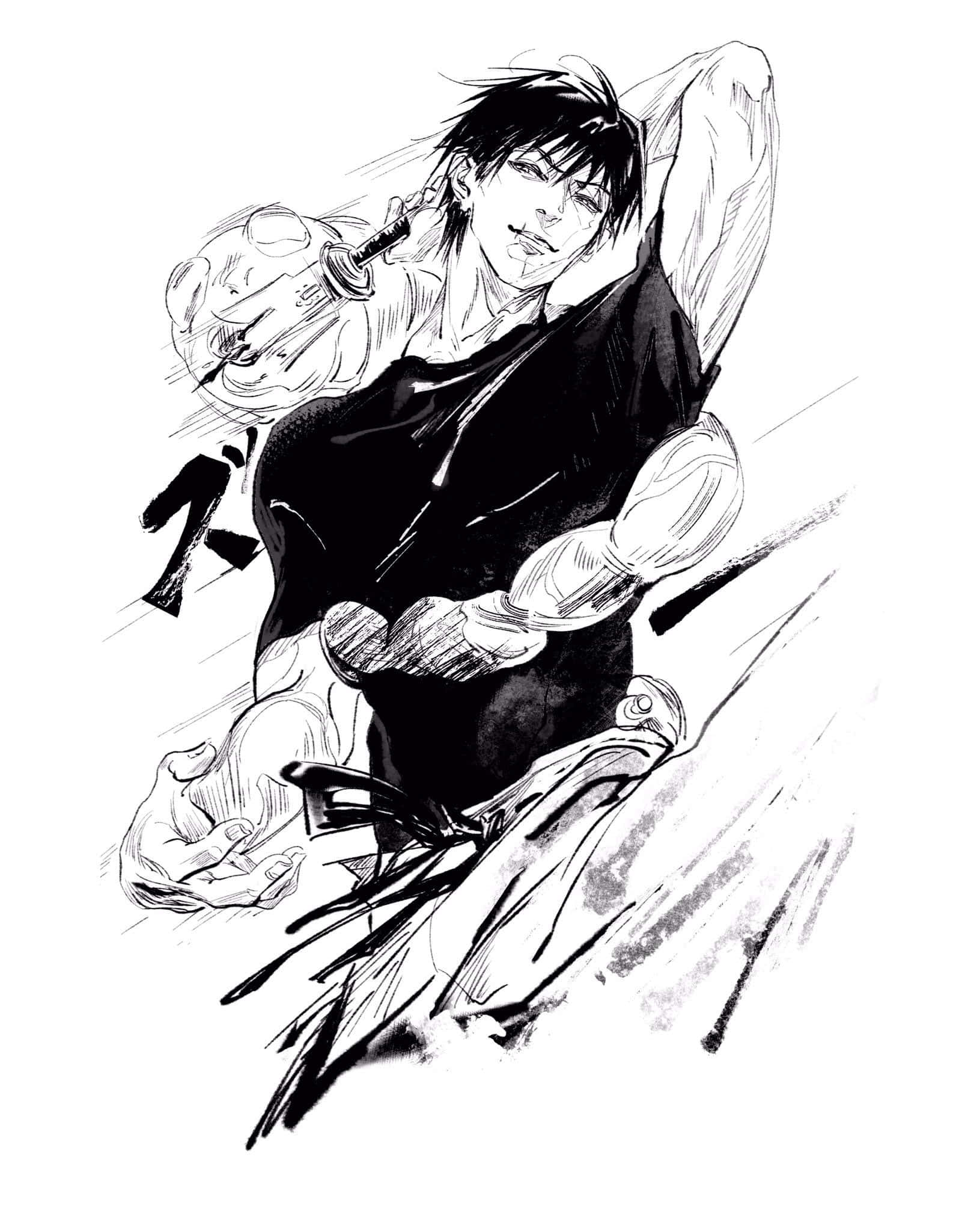 Toji Fushiguro 桌布 壁紙 — 一個黑白動態動漫角色以劍和拳的動作線條劃破空氣。