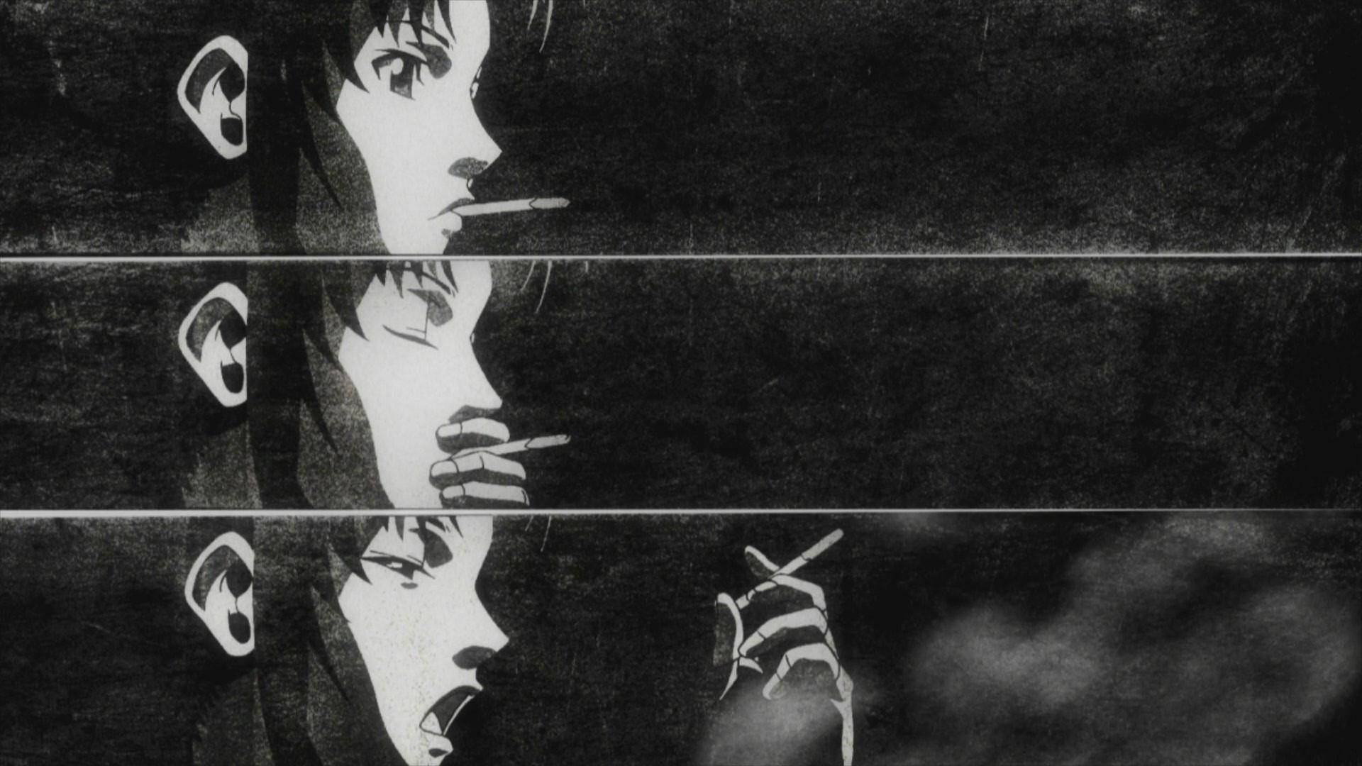 Black And White Anime Aesthetic 桌布 壁紙 — 一個黑白動漫人物抽煙的肖像，碎片化地分佈在三個帶有紋理顆粒的水平面板上。