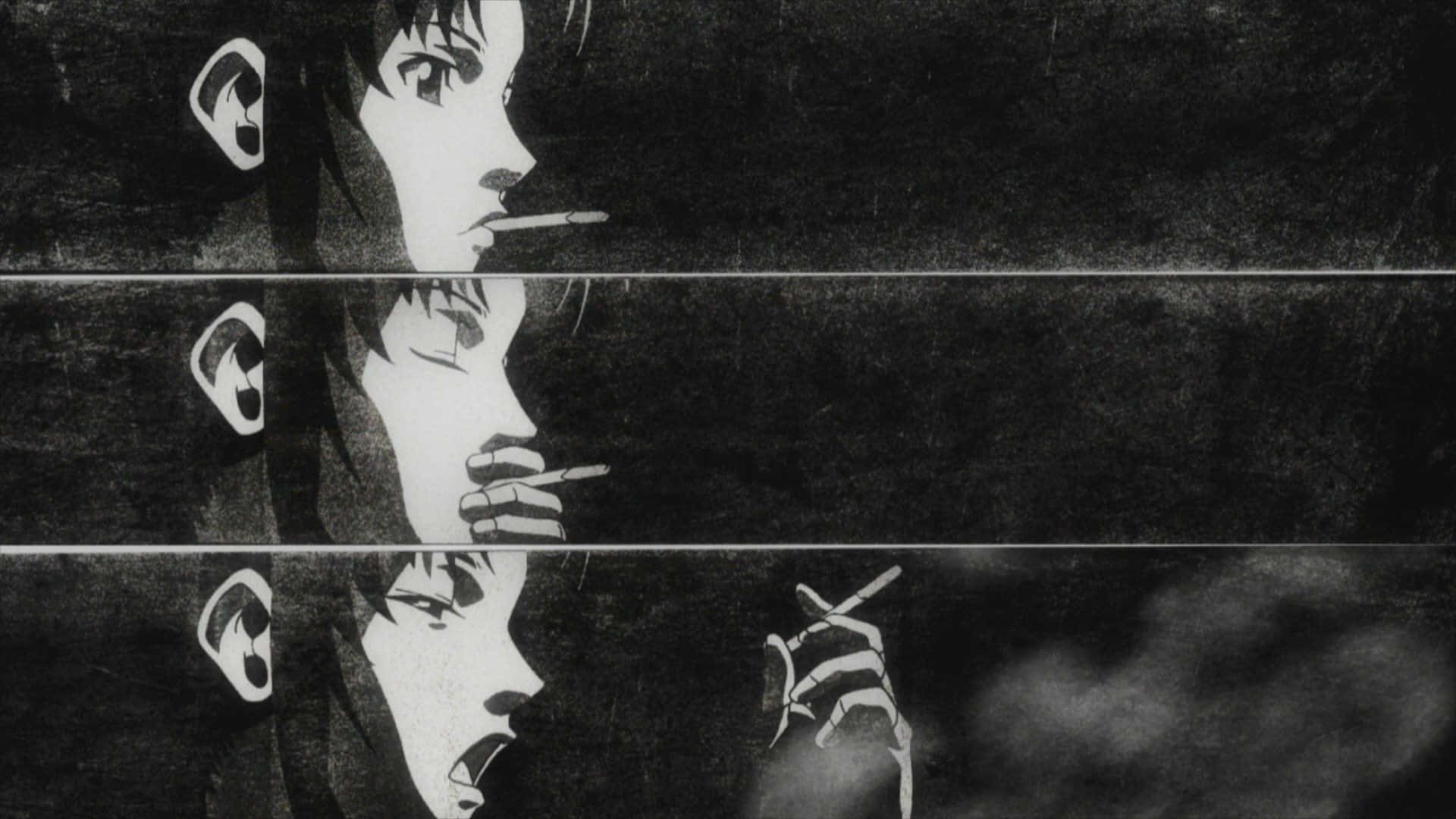 Naruto Aesthetic Computer 桌布 壁紙 — 一個黑白動漫人物肖像，正在抽煙，有三個鏡像反射橫跨水平線。
