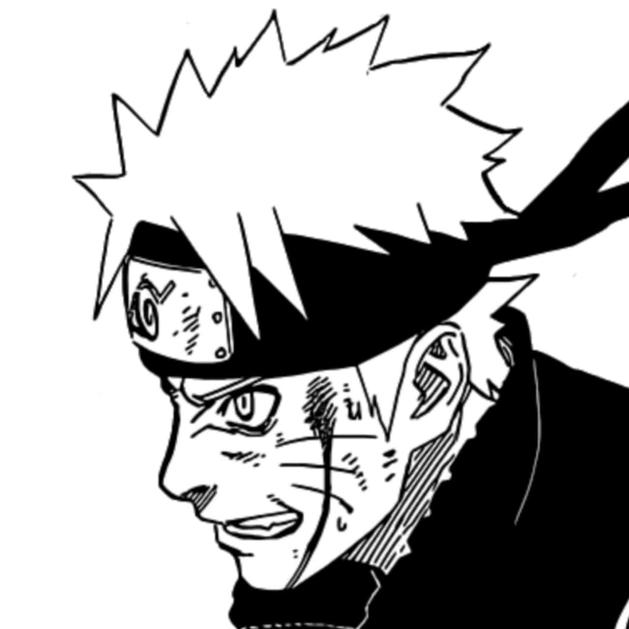 Naruto Manga 桌布 壁紙 — 一個黑白動漫側面肖像，描繪一位堅定的忍者，擁有刺蝟頭和頭帶。