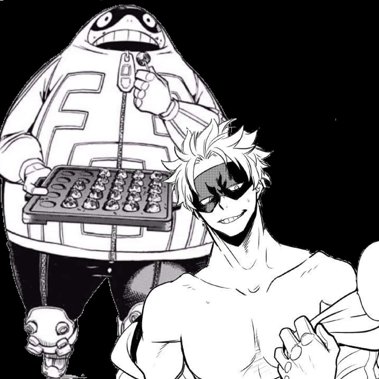 My Hero Academia Anime 桌布 壁紙 — 一個黑白動漫場景，前景有一個戴面具的男人，身後有一個拿著一盤巧克力的巨大生物。