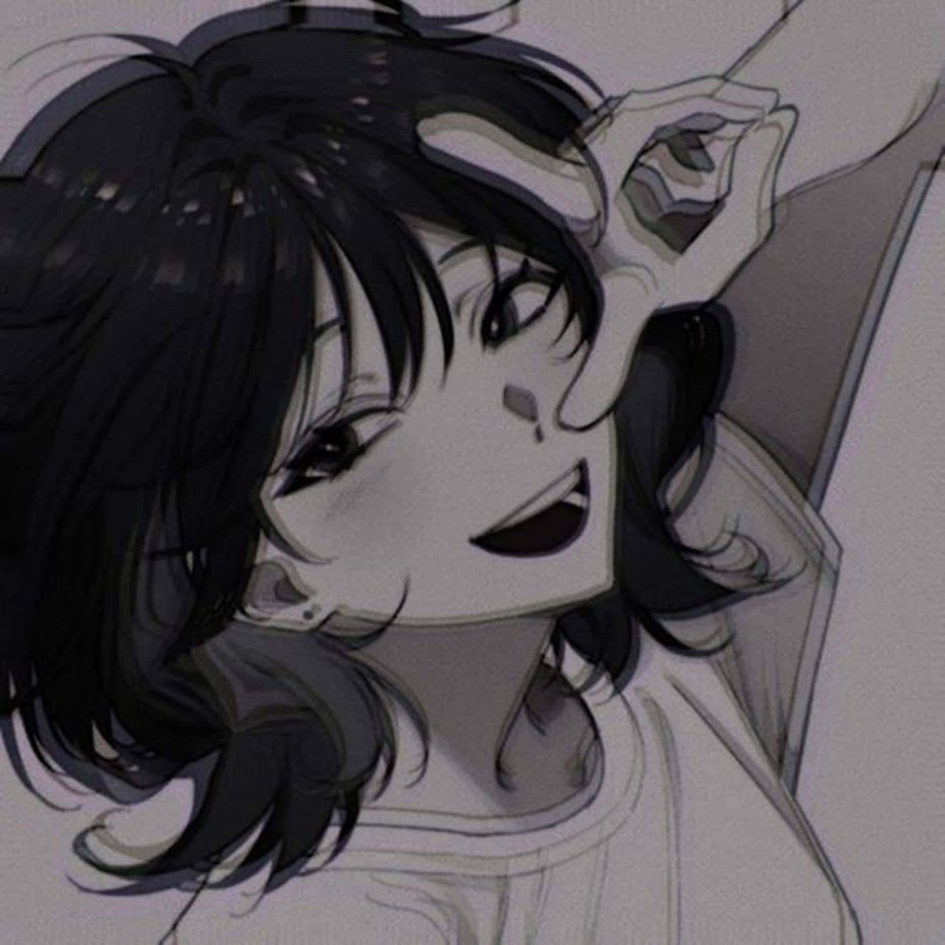 動漫女孩 桌布 壁紙 — 一個黑白動漫女孩，凌亂的黑髮，調皮地微笑，同時把手放在臉上。